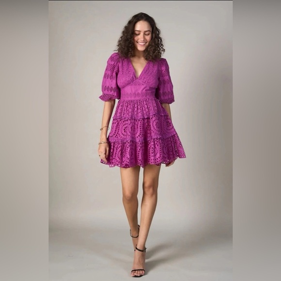 Cynthia Rowley Purple Eyelet Embroidered Fit & Flare Smocked Mini Dress Size 2 - Picture 1 of 8